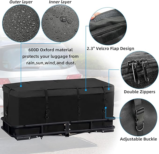 Waterproof Cargo Bag for Hitch Carrier 12.5 Cubic Feet Cargo Bag for Hitch Carrier,600D PVC Vehicle Soft-Shell Carriers with 8 Reinforced Straps,Storage Bag