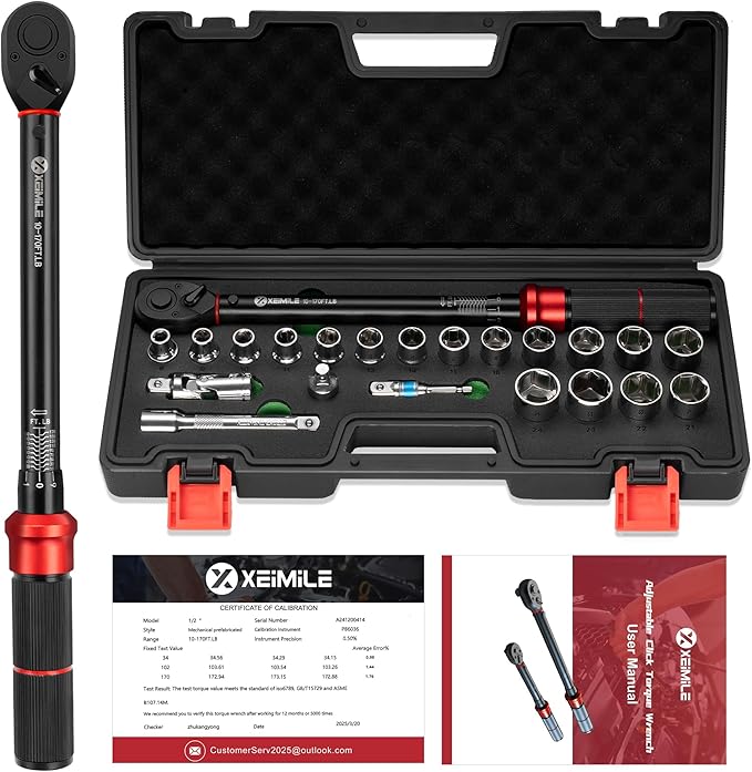 21Pcs Torque Wrench Set,1/2" Drive 10-170 Ft-Lb/13.6-230.5Nm,Inch Pound Click Torque Wrench,72T Dual Direction 3% Precision Adjustable Torque for Car Repair,Motorcycle,Lug Nut