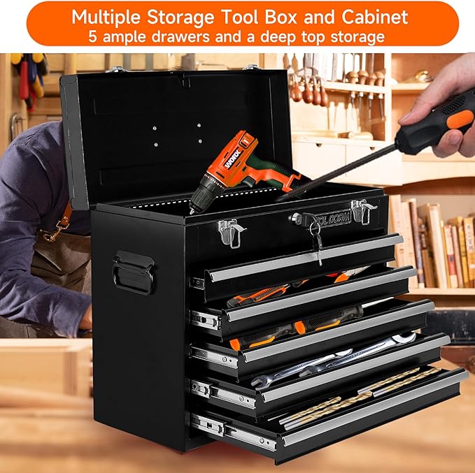 Metal Tool Box with 5 Drawers Portable Steel Tool Chest with Metal Cylinder Lock and Latch Closure, liner, Black and Red two color Powder coating, suitable for Garage, Warehouse and Outdoor Repair job