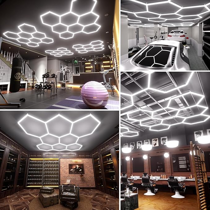 Hexagon Garage Lights, 8-HEX 350W 5000K Daylight Garage LED Lights, Modular Honeycomb Shop Light for Detailing, Workshop, Home Gym, Warehouse, DIY Workspace