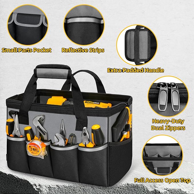 NECKORY Tool Bag, Portable Tool Box Organizer Adjustable Shoulder Strap, Carry Tool Tote Heavy Duty Tool Storage Bag With Wide Mouth,Tool Bags for Men Mechanic EngineerGift - L, Dark Grey & Black