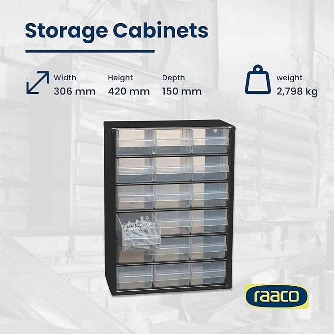 Raaco Steel Storage Cabinet, Standard 18-Drawer, Clear Polypropylene Plastic Drawer – Small Parts Organizer, Screws, Nuts & Bolts, Crafts & Hardware – Tool Cabinet for Workbench & Wall Storage (C9-18)