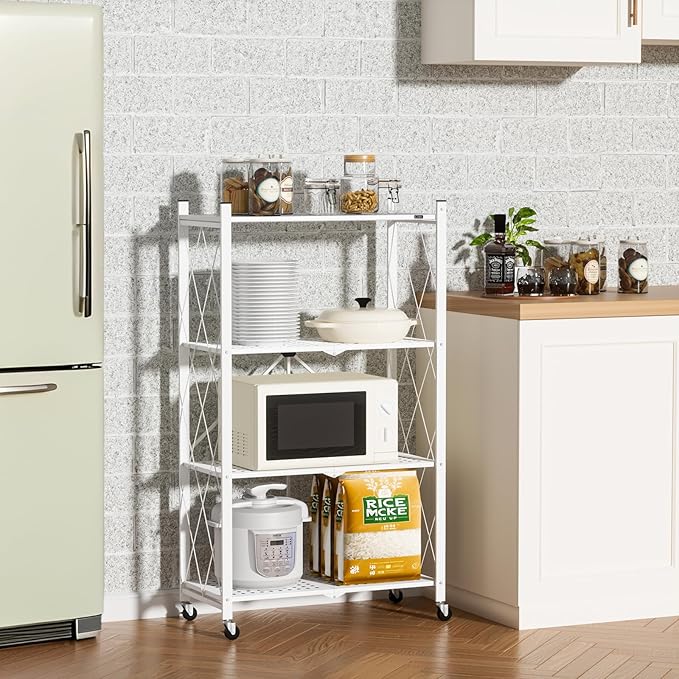 ALANNG Heavy Duty 4-Tier Folding Shelf with Wheels, No Tools Assembly Metal Storage Rack Cart, 264LBS Capacity for Kitchen, Pantry, Laundry Room, Garage, (White, 1PACK)