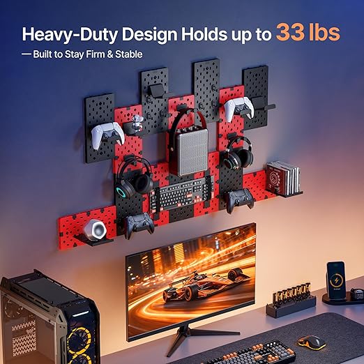 PEGZONE 14 PCS Controller and Headphone Holder Wall Mount, Modular Gaming Pegboard with Accessories, Video Game Storage, Disc Shelf, 14pcs Pegboard, Black & Red