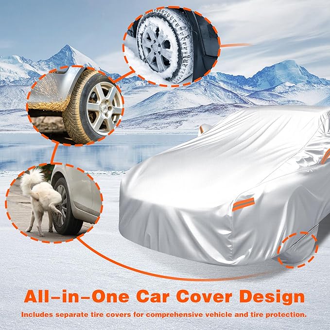 iCOVER Car Cover, Waterproof All Weather Car Covers for Honda Civic Toyota Corolla Chevy Cruze Kia Forte, Outdoor Full Exterior Cover with Detachable Tire Covers, Car Cover for Sedan, Fits up to 193"