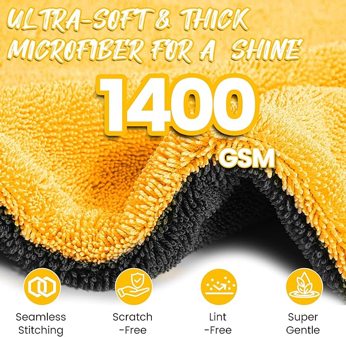 PUGPIU Car Drying Towel - 1400GSM Extra Large Super Absorbent Microfiber Towels for Cars 24"x36" - Large Edgeless with Twisted Loop, Lint-Free & Streak-Free for Auto Detailing, SUV, Truck (Yellow)