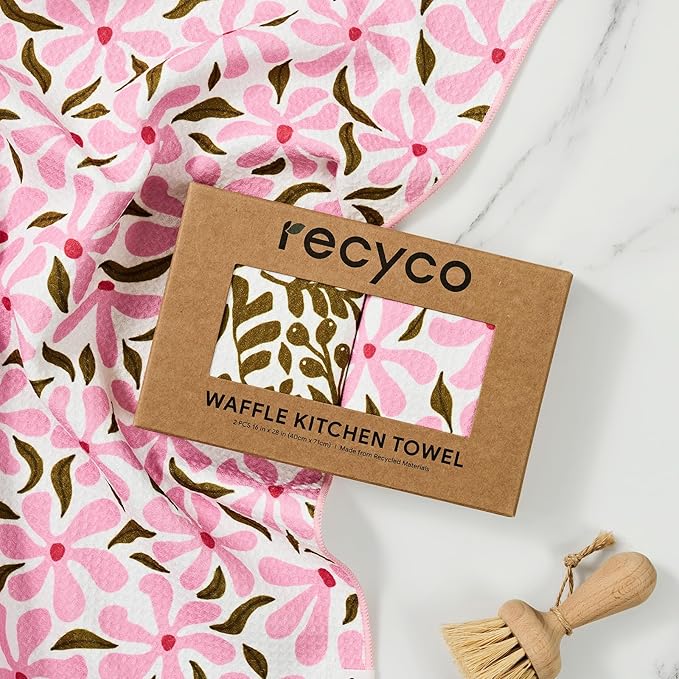 RECYCO Waffle Kitchen Towel Set of 2 - Quick Dry Microfiber Sustainable Dish Towels - Ultra Absorbent Reusable Cleaning Tea Towels - Lightweight Hand Towels,16”x 28”, Petal & Leaf