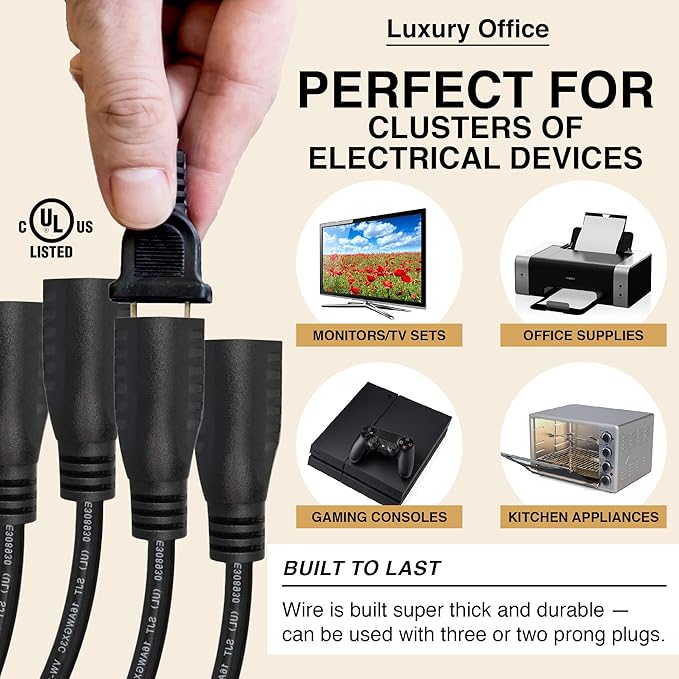 4 Way Power Splitter - 1 to 4 Extension Cord Splitter, 1.5' Short Extension Cord UL Listed, Outlet Splitter 3 Prong, Power Strip Outlet Plug, Y Style Extension Cord, Black, SJT 16 AWG by Luxury Office