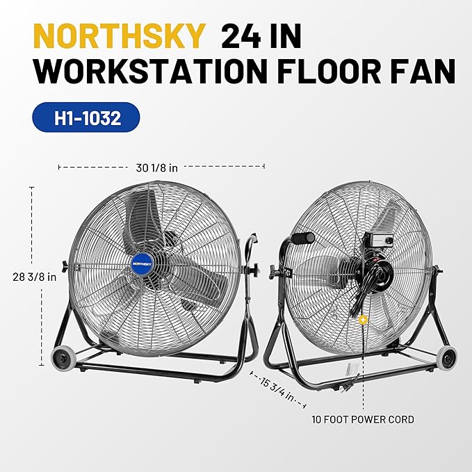 NORTHSKY 24" Floor Fan, 4950 CFM Industrial Fan, 3 Speeds, Durable Steel Safety Grille, 1/4 HP, 360° Head Hit, for Manufacture, Construction, Warehousing with UL-Certified Safety Compliance