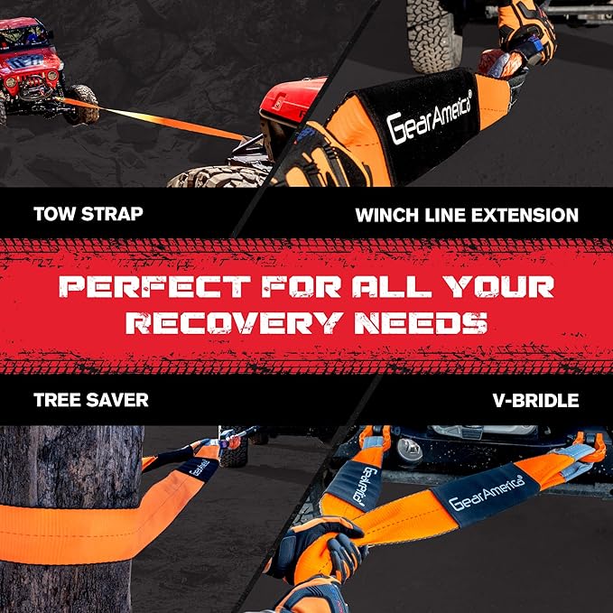 GearAmerica Heavy Duty Tow Strap 3" x 8' Tree Saver Winch Strap - 35,053 lbs (17.5 US Tons) Recovery Rope for Offroad, Weather Resistant with Triple Reinforced Loops - ATV Accessories