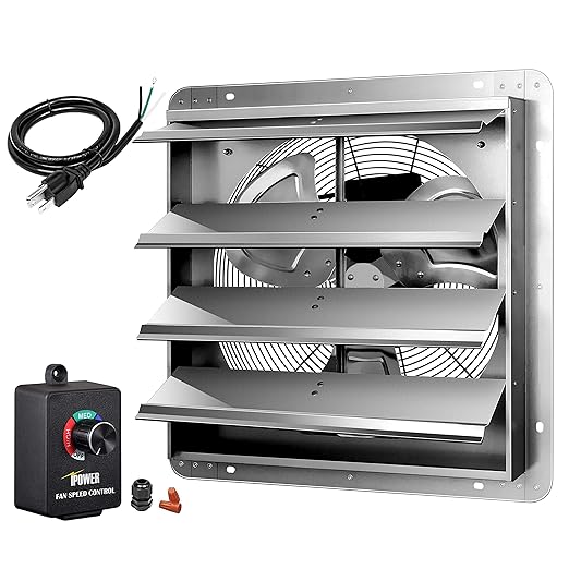 Simple Deluxe 16 Inch Wall Mounted Shutter Exhaust Fan with Speed Controller and Power Cord Kit, Aluminum, 1200 CFM, 1550 RPM, for Attic, Garage, Louvered Vent, Plant, Greenhouse, Silver