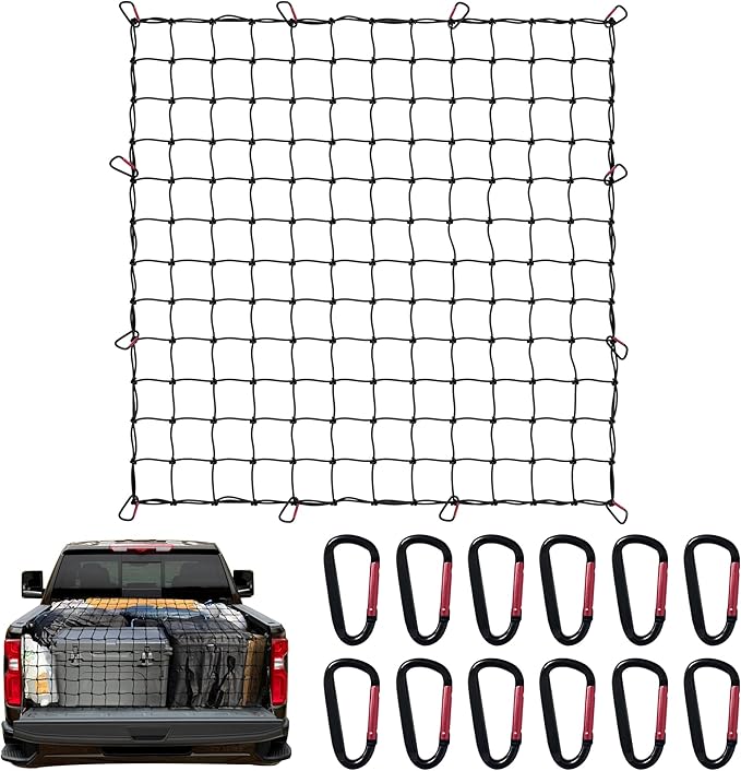 Cargo Net for Pickup Truck Bed 4' x 4' Stretches to 8' x 8' with 12 Metal Carabiners - Truck Bed Accessories for Dodge RAM, Ford, Chevy, Toyota