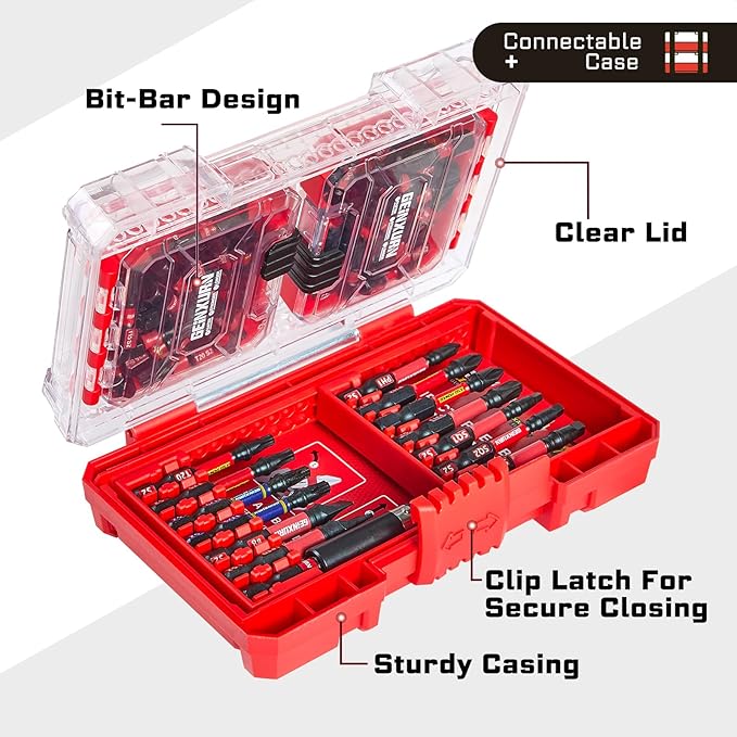 Geinxurn 74Pieces Impact Screwdriver Bits Set, Magnetic S2 Steel Phillips/Slotted/Square/Torx Insert Power Bits Tips, Impact Bit Holder with Red Storage Box Case