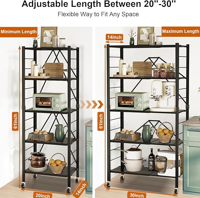 5 Tier Foldable Storage Shelves, Expandable Folding Shelving Units with Wheels, Changeable into 2 Shelf Units, Collapsible Adjustable Storage Rack Metal Shelves for Storage, Pantry, Garage, Kitchen