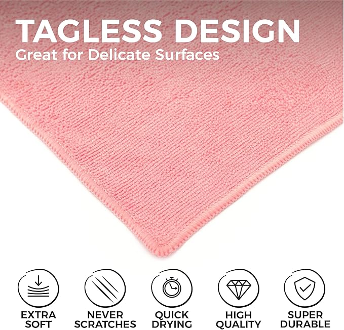 The Rag Company - All-Purpose Microfiber Terry Cleaning Towels - Commercial Grade, Highly Absorbent, Lint-Free, Streak-Free, Kitchens, Bathrooms, Offices, 300gsm, 12in x 12in, Pink (12-Pack)