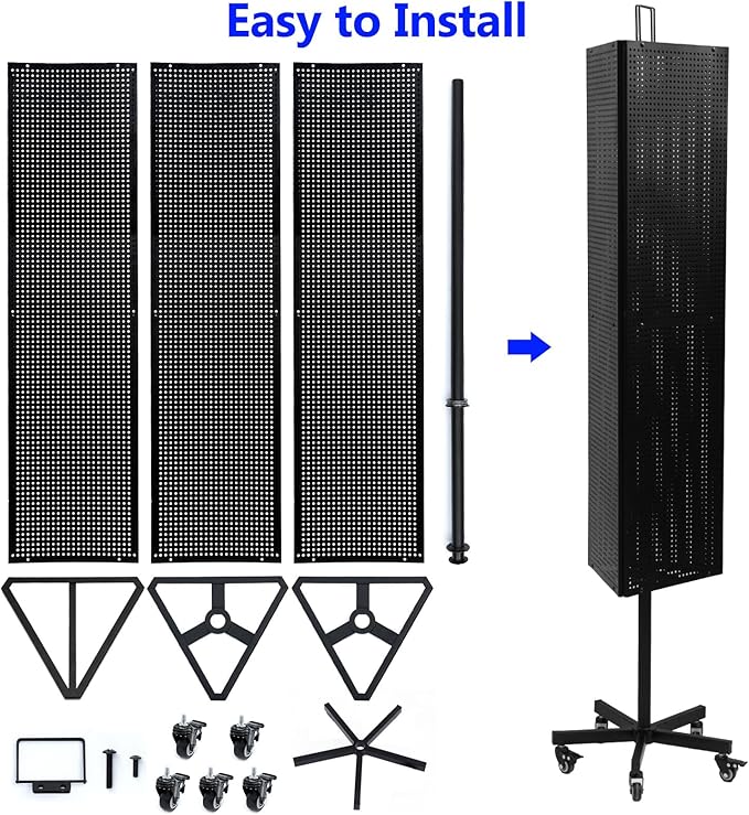 NectaCol Triangular Metal Pegboard Panels Display with Base and Pole, Black Pegboard Display Stand with Wheels, Jewelry Display Rack, Art Display Stand, Extra 20 pieces Hooks