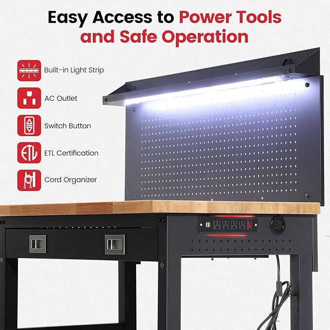 ENJOYWOOD 48" x 24" Rolling Workbench Adjustable Height Work Table with Wheels, Drawers, Pegboard and Power Outlets Heavy Duty Rubberwood Top for Garage, Workshop & Home