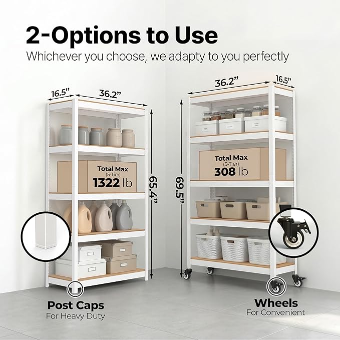 HOMEDANT House 36.2" W 5 Tier Heavy Duty Garage Shelving Adjustable Metal Rack Storage Shelves Standing Shelf Unit Organizers Pantry Closet Office White 1Pack