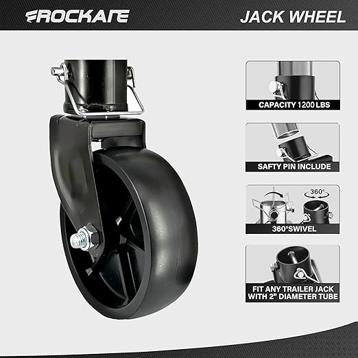 Rockane 6" Black Trailer Jack Swivel Caster Wheel Replacement, Heavy Duty 1200lbs Capacity with Pin for Soft Ground Roll, Fits Any Boat Hitch Camper RV, Durable Poly Material