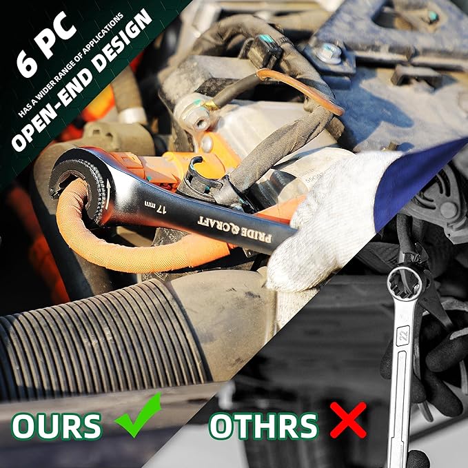 PRIDE&CRAFT 6-Piece Ratcheting Flare Nut Wrench Set, Metric Tubing Wrench Set, 10-17mm, CR-V Steel, Open-head Brake Line Wrench Set with Organizer Pouch