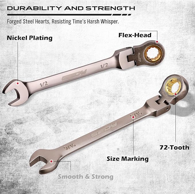 9-Piece SAE Flex-Head Ratcheting Combination Wrench Set - Premium 72-Teeth Gear Chrome Vanadium Nickel Plated with Organizer Bag