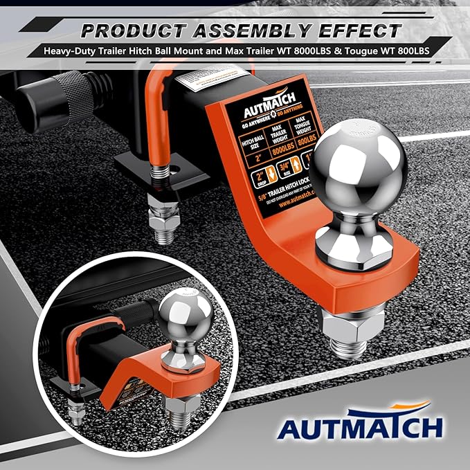 AUTMATCH Trailer Hitch Ball Mount with 2 Inch Hitch Ball - Fits 2" Receiver with Hitch Tightener, 8000Lbs Capacity Ball Hitch, 2-Inch Drop with 5/8" Hitch Lock Pin, Orange & Black