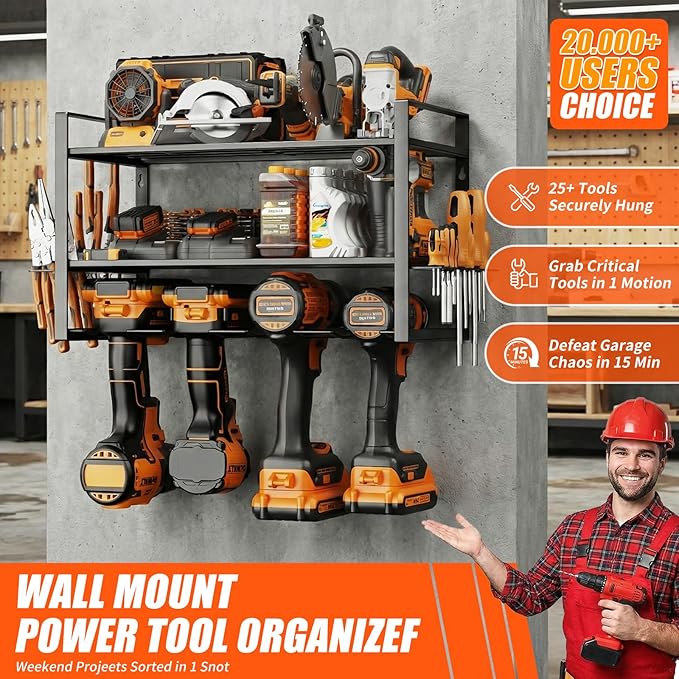 Wall Mount Tool Organizer, 3-Layer Heavy Duty Metal Rack for 4 Drills, with Screwdriver and Hammer Holder, 150 Lbs Capacity, Garage and Workshop Storage (trumpet, 3-4)