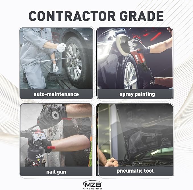 MZB 2.4 Gallon 1.0HP Ultra Quiet Air Compressor 110V/60Hz 5.65CFM, MAX 115PSI Steel Tanks Oil-Free 65 dB Noise Level Air Compressor for Spray Painting, Auto Repair, Carpentry Decoration