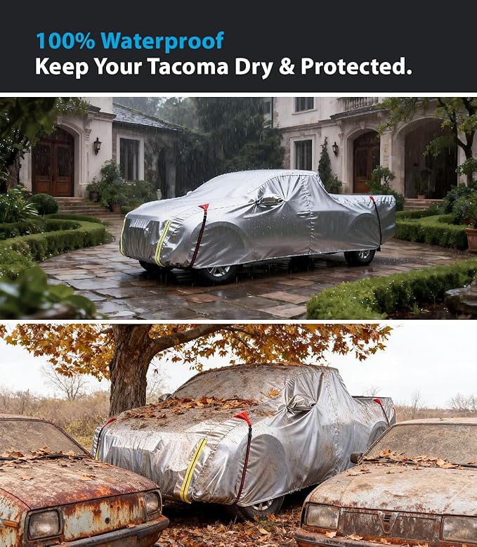 Wigoo Toyota Tacoma Car Cover 2016-2026, Custom Fit Waterproof All Weather Outdoor Full Exterior Truck Cover, Windproof UV Rain Snow Dust Protection, Paint-Safe Lining, Door Zipper, Tacoma Accessories