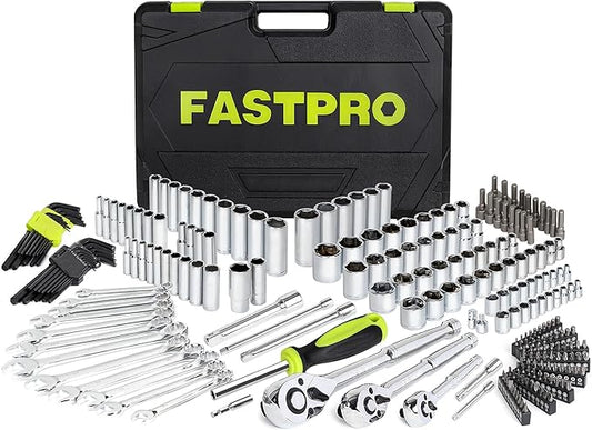 FASTPRO 249-Piece Mechanics Tool Set, 1/2", 3/8", 1/4" Socket Set, SAE and Metric Socket Wrench Set, Include Combination Wrenches, Ratchets, Hex Keys, Tool Kit for Auto Repairs and Maintenance