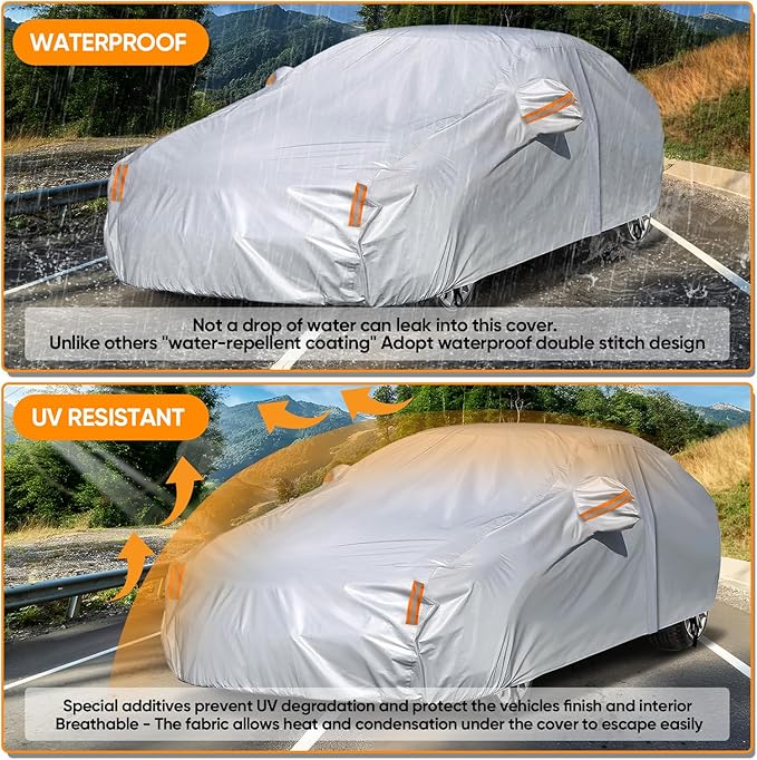 NEVERLAND Sedan Car Cover Waterproof Heavy Duty All Weather Protection Snow Anti-UV Windproof Outdoor Full Car Cover Fit for Automobiles BMW/Mercedes-Benz/Honda (172-183 inch)