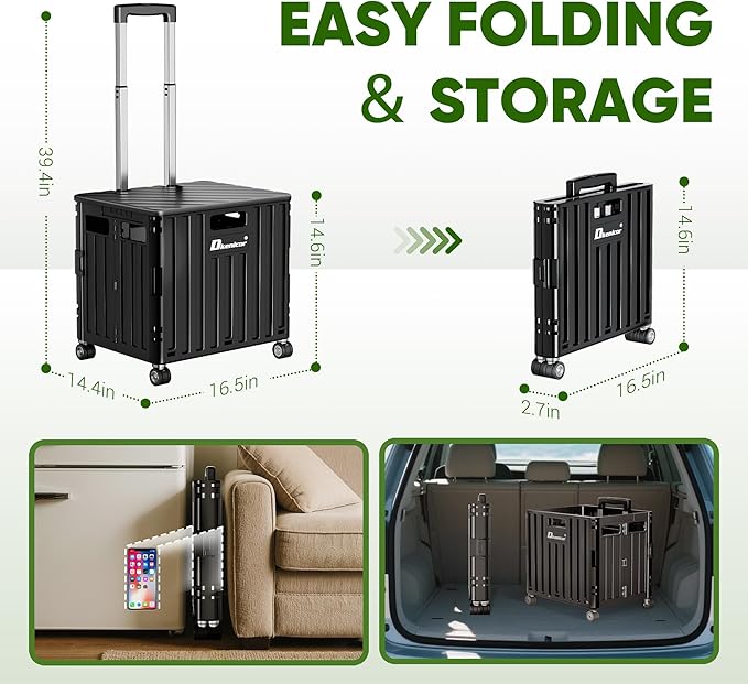 Folding Utility Cart with Lid, Portable Rolling Crate Handcart Collapsible Shopping Trolley, Durable Plastic Foldable Tool Basket with 4 Rotate Wheels for Grocery, Office, Luggage, School - Black