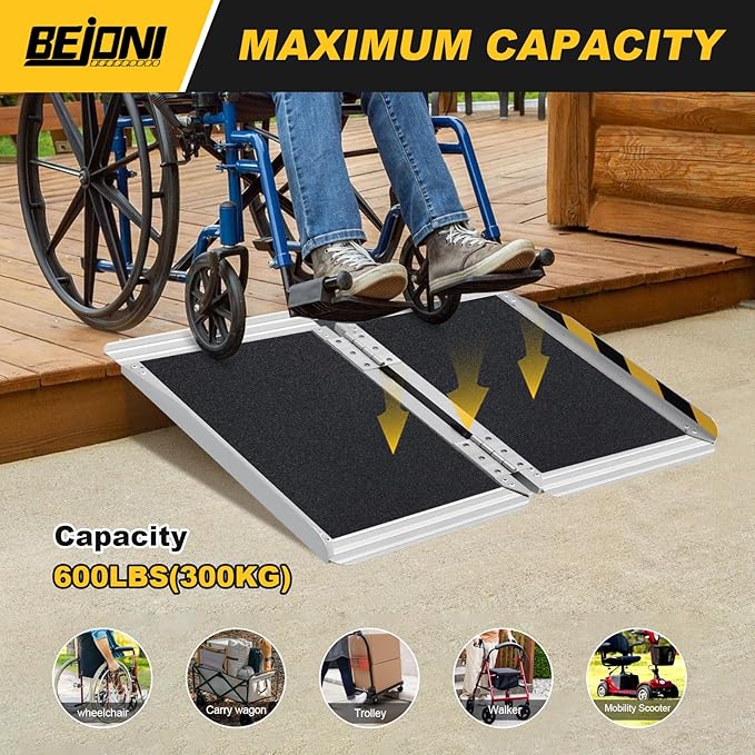 BEJONI Portable Wheelchair Ramp 2FT, Folding Non-Slip Aluminum Handicap Ramp, Door Threshold Wheel Chair Ramps for Home Steps, Scooter, Doorways, Entry Use, Curbs, Stairs