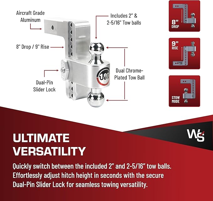 Weigh Safe 180-Degree Trailer Hitch - Adjustable Trailer Hitch for Towing - Compatible with 2.5" Receivers - 8" Drop, Chrome-Plated Tow Balls, 18,500 GTW, 1-Piece Lock Set.
