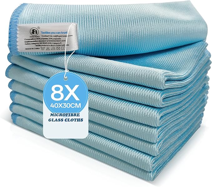 8Pcs Microfibre Glass Cleaning Cloth 290GSM, Lint Free Glass Cloth for Polishing Mirrors Stainless Steel, Windows, All-Purpose Microfiber Towels(Blue, 30 x 40 cm)