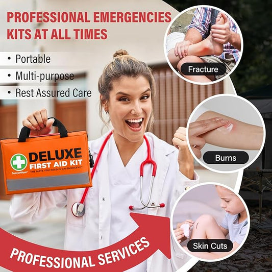 SuccorWare 380 Pieces Deluxe First Aid Kit Compact Trauma Medical Kits with Assorted Bandages, Instant Cold Pack, Emergency Blanket for Home, Travel, Camping, Vehicle, Emergency Kits(Orange)