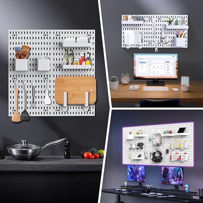 Peg Board, 4 Pack PP Plastic Pegboard Panels, White Pegboards Wall Organizer, Heavy Duty Peg Board for Walls Home, Garage Tool Storage, Office Organization, Craft Room, Kitchen