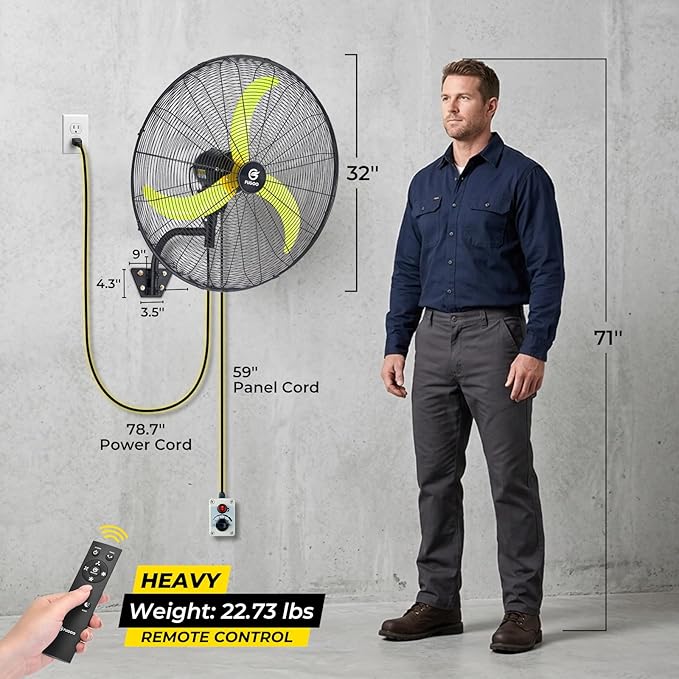 FUGOO 30'' Oscillating Wall Mounted Fan With Remote Control,BLDC Motor, Large air flow range From 3200CFM to 8800CFM, 4-Speed Heavy Duty Industrial Wall Fan for Factory, Commercial, Garage, Warehouse
