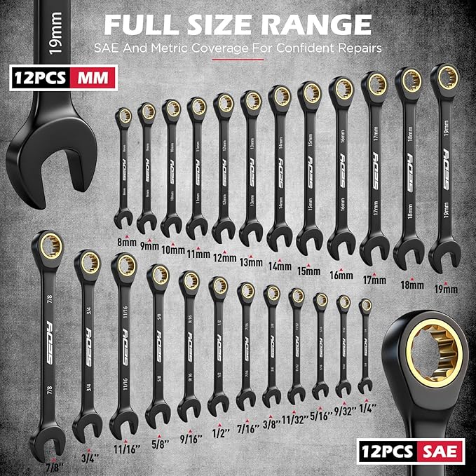 Premium 24-Piece Ratcheting Wrench Set, SAE(1/4-7/8") & Metric(8–19mm) Combination Wrenches, 72-Tooth CR-V Steel with Durable Black Finish, Ratchet Spanners with Roll-Up Tool Pouch for Repair