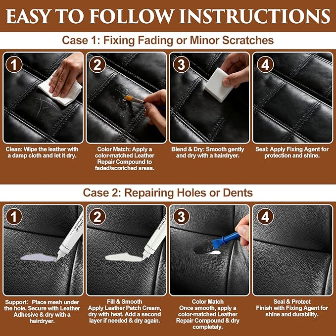 Black Leather Repair Kit for Furniture, Car Seats, Sofa, Jacket, and Purse, Vinyl Repair Kit with Super Easy Instructions to Match Any Color, Restore Any Glossy Leather Surface