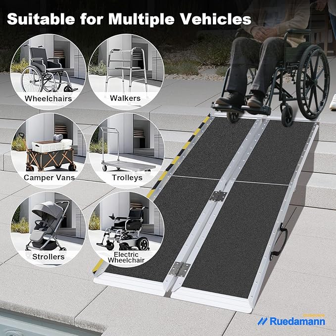 Ruedamann 6FT Portable Wheelchair Ramp, Non-Slip Aluminum Folding Handicap Ramp for Doorways, Wheel Chair Threshold Ramp for Home Steps, Stairs, Wheelchair, Scooters, Pets, Entry