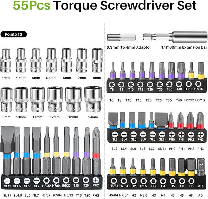 57Pcs Torque Wrench and Screwdriver Set-20-260In.Lb, 2.3-29.4N.m 1/4" Drive Small Torque Wrench,10-80 Inch Pound Torque Screwdriver for Maintenance, Tools, DIY, Bike Repairing, Mounting