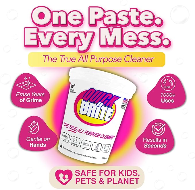 Quick 'n Brite All Purpose Cleaning Paste – Miracle Cleaner for Tough Stains | Eco-Friendly, Non-Toxic, Pet-Safe | Multi-Surface Stain Remover | Made in USA, 32oz (Pack of 2)