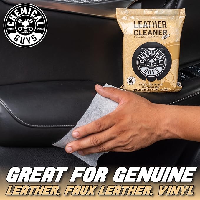 Chemical Guys Leather Cleaner Wipes Mega 50 Pack - Interior Leather Wipes for Cars, Natural, Synthetic, Faux & Pleather Surfaces, Safe for Cars, Trucks, Furniture, Boots & More, Convenient 50 Count