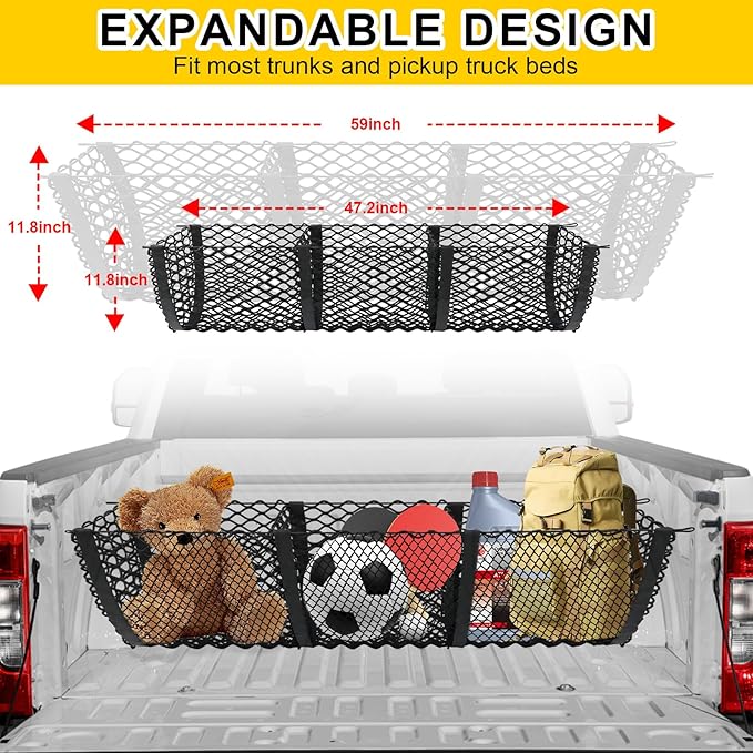 Gestec 3 Pocket Truck Bed Cargo Net for Toyota Ford Dodge GMC Chevy Silverado, Universal Pickup Mesh Storage Net 47.2" x 11.8" Stretchable Elastic Truck Bed Grocery Holder Net with 4 Ball Bungees