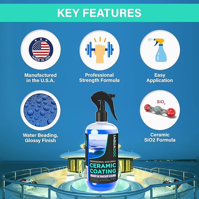 Boat Cleaner Wax - Ceramic Sio2 Sealant & Boat Ceramic Coating Spray, Exterior Boat Cleaner - Water Spot Remover, Boat UV Protectant Spray & Marine Wax for Boats to get a Glossy Shine - AquaDoc 16oz