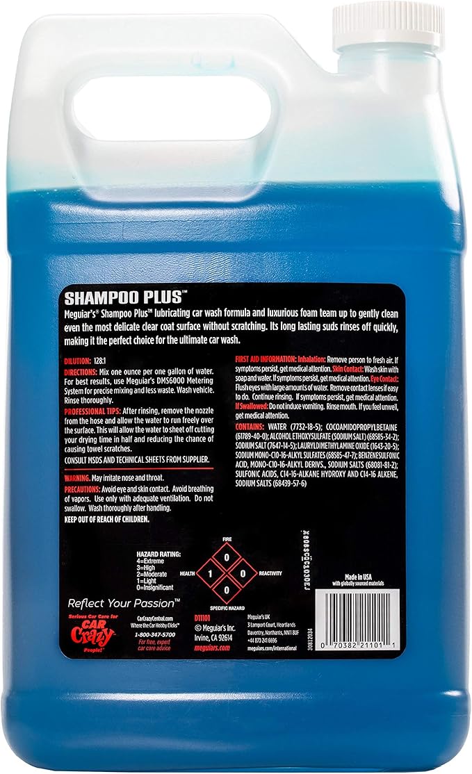 Meguiar's Shampoo Plus, Lubricating Car Wash Soap Lifts Dirt and Grime Off Car Surfaces, Cleans Paint Without Swirling or Scratching, Deepens Gloss and Boosts Shine, 1 Gal