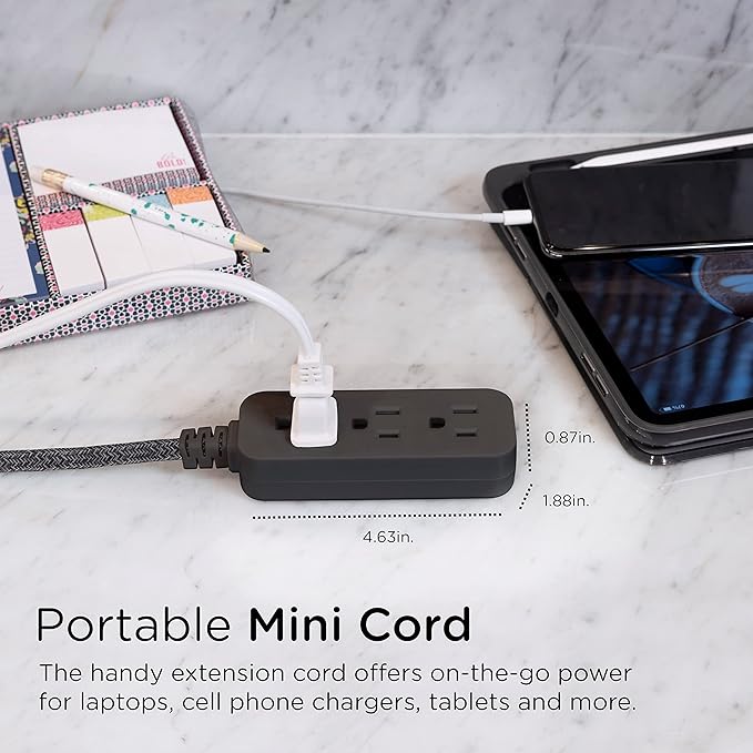 Cordinate Designer Mini 3-Outlet Power Strip, 18 in Braided Extension Cord, Grounded Adapter, Low-Profile Flat Plug, ETL Listed, Black/Dark Heather, 47298