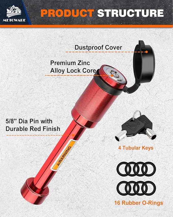 METOWARE Trailer Hitch Lock, Tailer Receiver Lock Fits Class III/IV, 2", 2-1/2" Hitch Receiver with 5/8" Dia Pin and 8 Rattle Rubber O-Rings, for Trailer, Truck, Car, Boat (Red, 2 Pack)