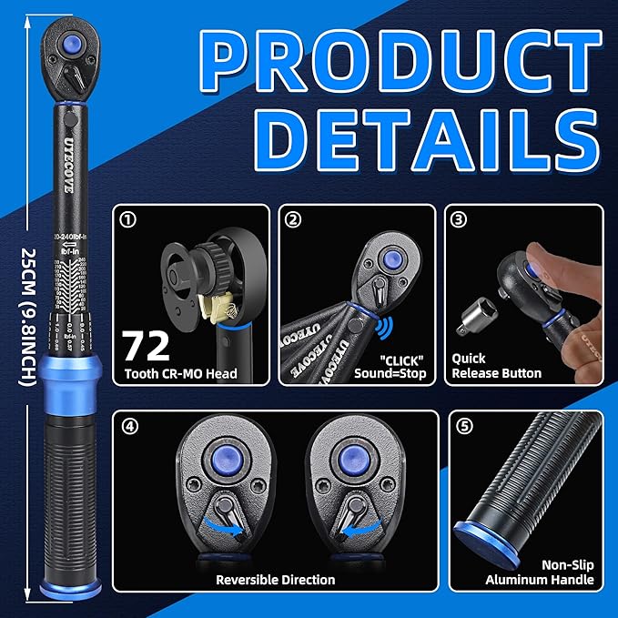 1/4-Inch Drive Click Torque Wrench, Dual-Direction Click Professional Torque Wrench 20-240IN.LB/27.12-325.44N.M, Dual Range Scales Graduated in IN.LB and N.M, Blue